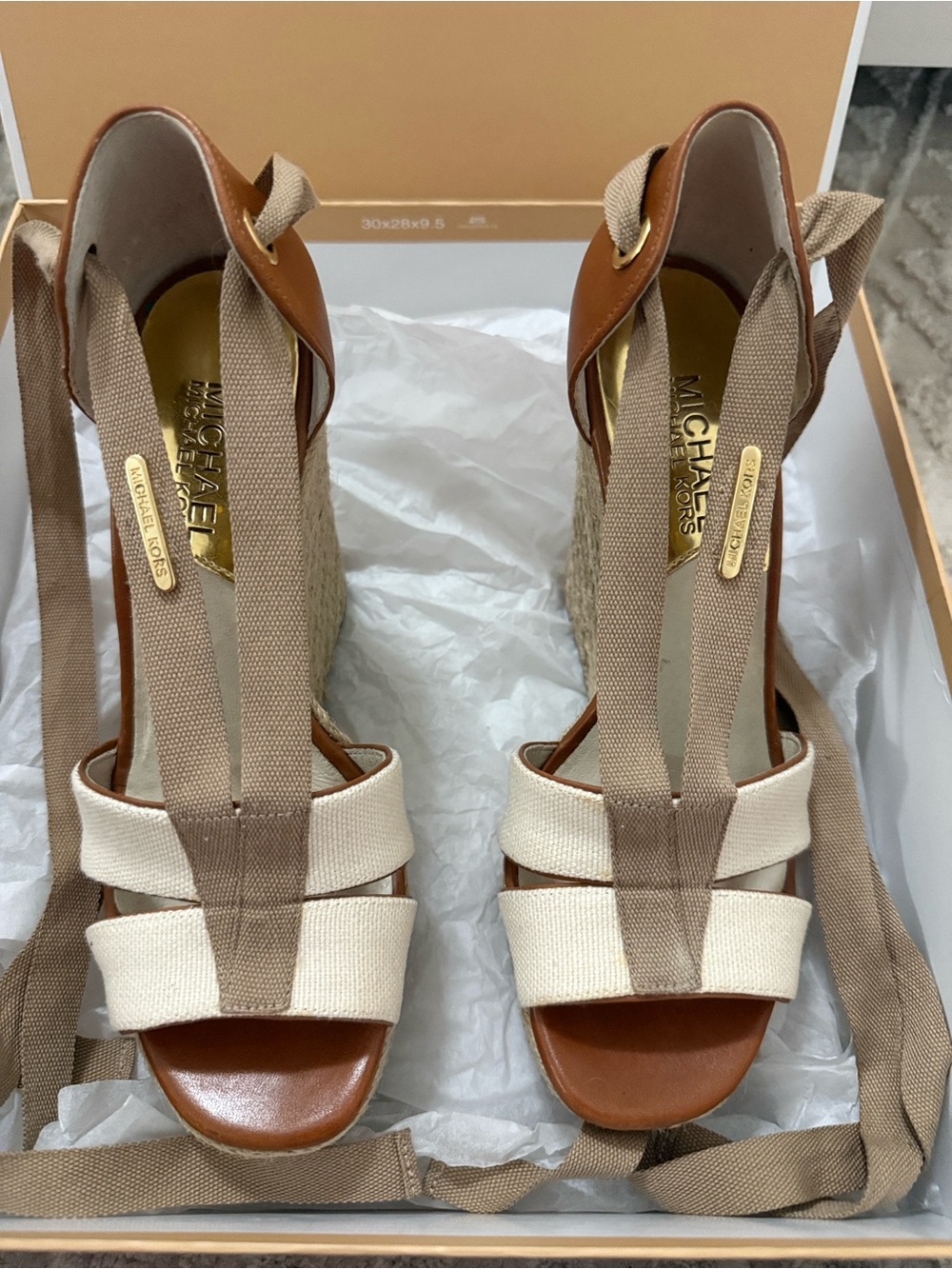 Michael Kors Las Rosas Cream/Tan Canvas/Leather Wedge with Tie Straps
